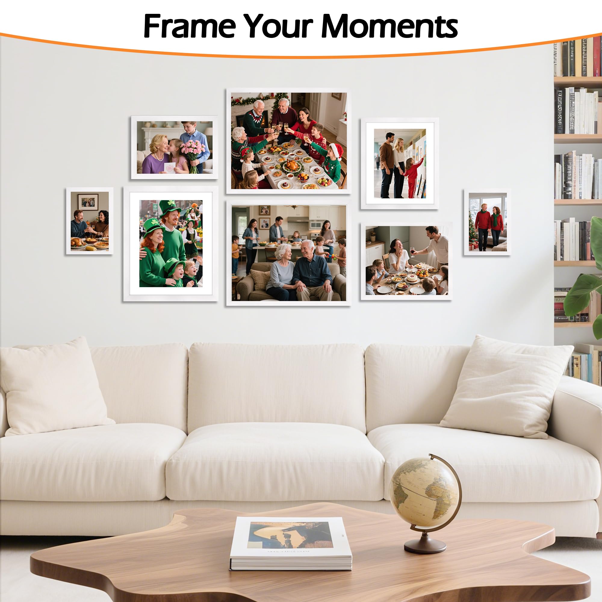 HOMERHYME 8x10 Picture Frame Set of 8, White Photo Frames for Gallery Wall Mounting or Table Display, Display Pictures 5x7 with